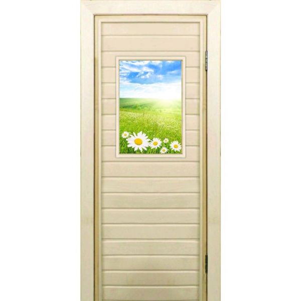 Дверь для бани со стеклом (40*60), "Ромашки", 170?70см, коробка из осины