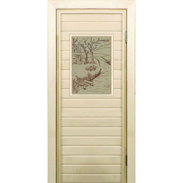 Дверь для бани со стеклом (40*60), "Банька у реки-1", сатин, 170?70см, коробка из осины