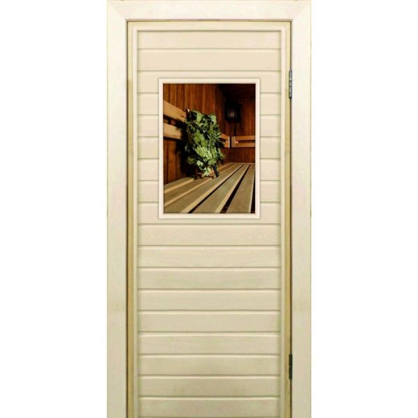 Дверь для бани со стеклом (40*60), "Веник в бане-3", 170?70см, коробка из осины