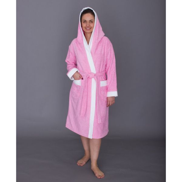 Халат женский с капюшоном, размер 48, цвет белый+розовый, махра